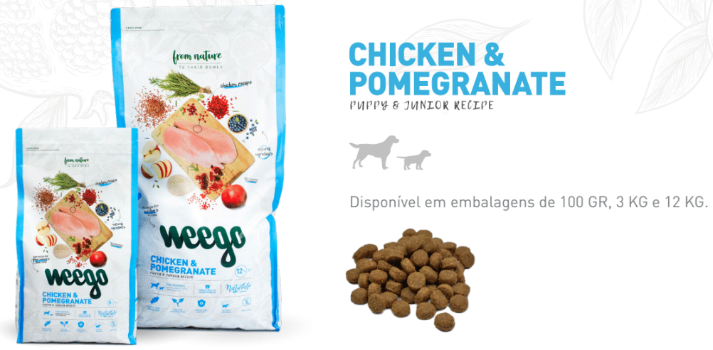 Weego -Ração para cães - Premium - Chicken & pomegranate - filhotes -12 kg Pacotes de ração para cães chicken & pomegranate com croquetes e descrição de tamanho