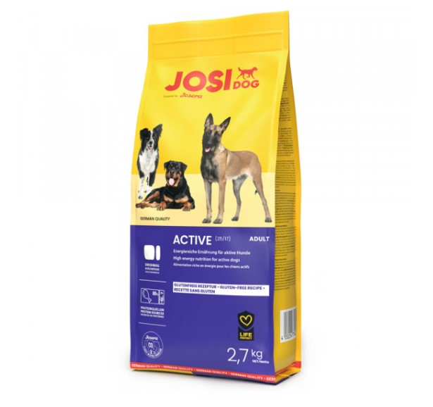 JosiDog Active - Ração para Cão Adulto Ativo - 2,7 kg - opção de packs econômicos Embalagem amarela e roxa de ração para cães JOSI DOG ACTIVE ADULT 2,7 kg com imagens de três cães.