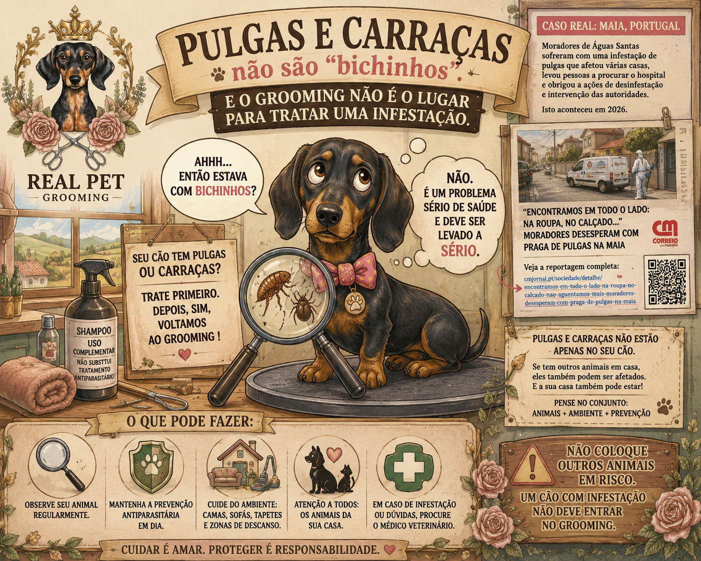 Pulgas e carraças não são “bichinhos”: e o grooming não é o lugar para tratar uma infestação - Tia Carla - Real Pet Ilustração de cão com lupa mostrando pulga e carraça, texto sobre prevenção de pulgas e carraças em português.