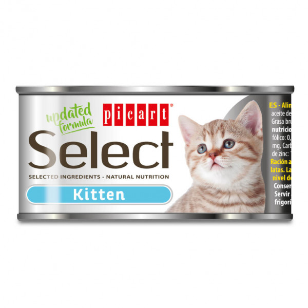 Picart Select Kitten Patê Grain Free para Gatinhos com Frango e Vaca - pack 12 x 95 g Lata de comida para gatos Picart Select Kitten com imagem de gatinho
