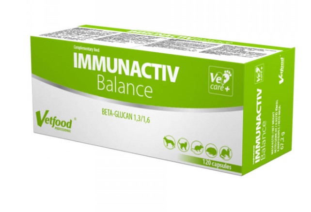 Vetfood - Immunactiv Balance - Suplemento de Reforço de Imunidade Caixa verde e branca do suplemento Vetfood Immunactiv Balance para vários animais, com 120 cápsulas.