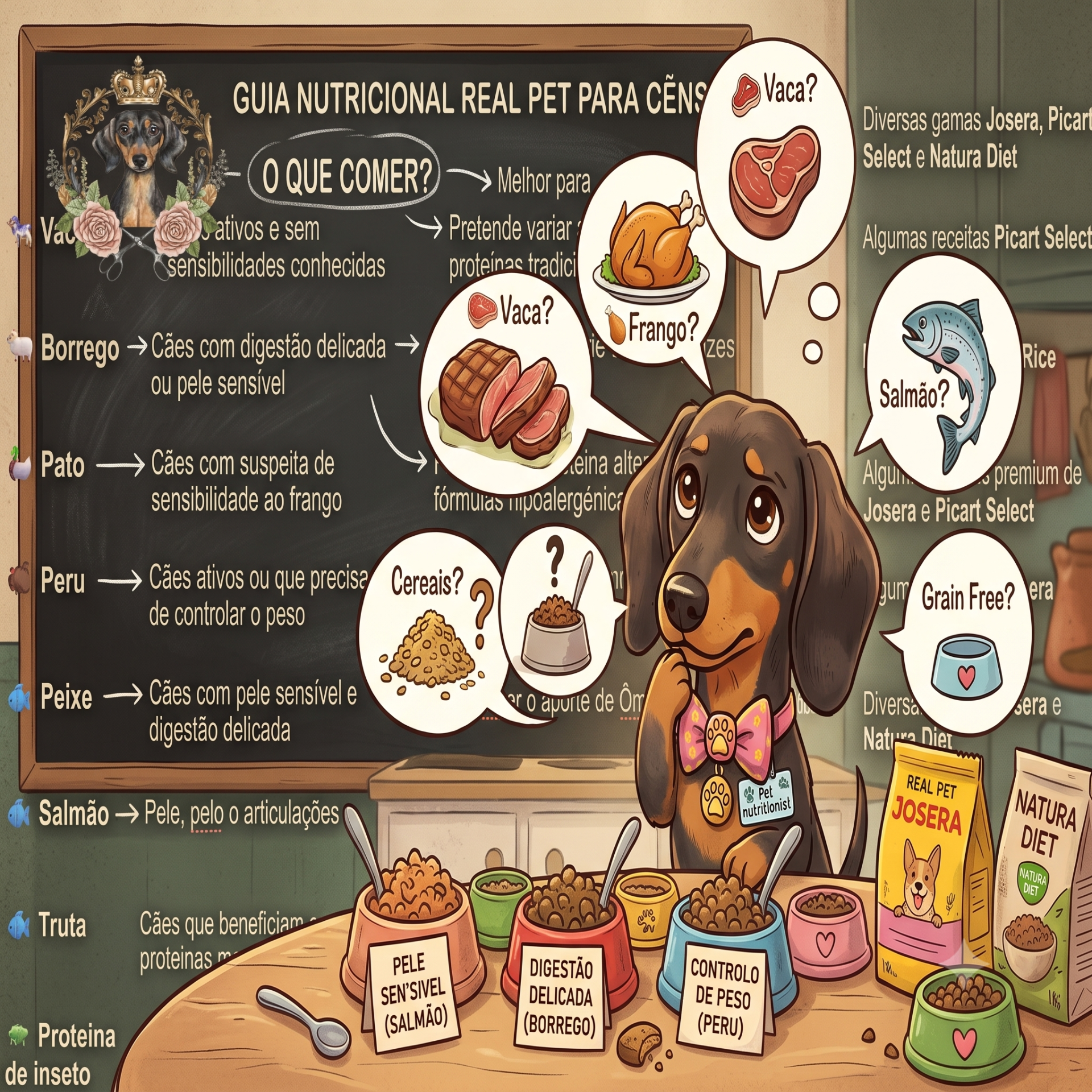 🥩 Frango, borrego, pato, peru, vaca, peixe ou insetos? Afinal, qual é a melhor proteína para o seu cão? Por Tio Rafa | Real Pet Ilustração de cão com taças de comida para cães, painel com guia nutricional para cães e sacos de ração REAL PET JOSERA e NATURA DIET