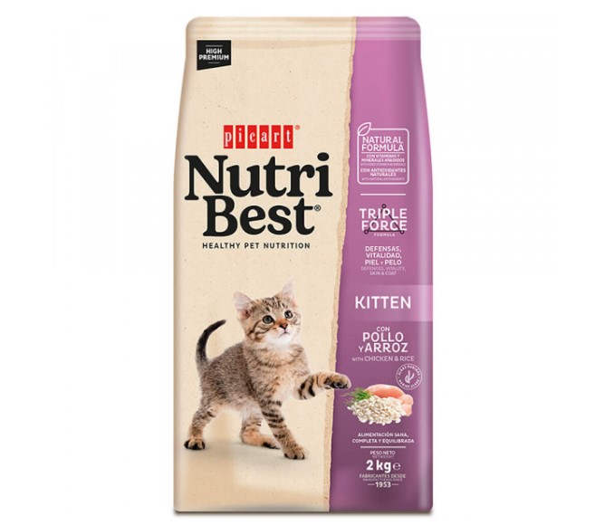 Picart Nutribest Gato Kitten - Frango e Arroz Embalagem de ração para gatos Nutri Best Kitten 2 kg cor bege e roxo com imagem de gatinho