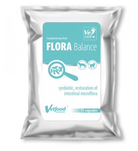 Vetfood - Flora balance - Suporte gastrointestinal para raças médias e grandes Embalagem prateada do suplemento FLORA Balance com rótulo azul e branco
