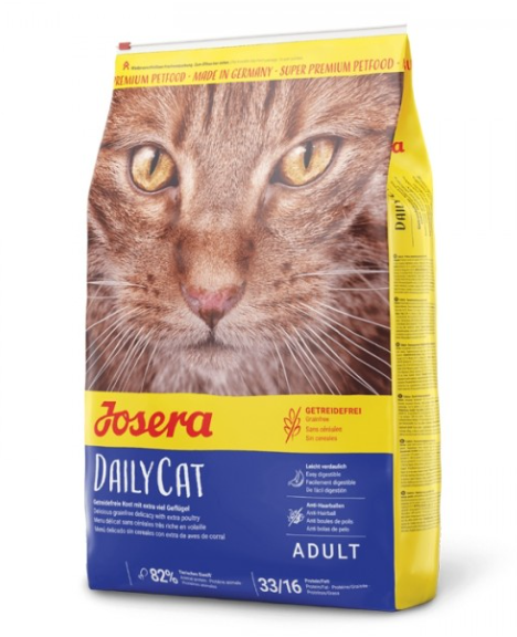 Josera DailyCat - Ração Seca Sem Cereais para Gato Adulto Josera - 10 kg Embalagem de comida para gato Josera DailyCat Adulta com imagem de gato e texto informativo