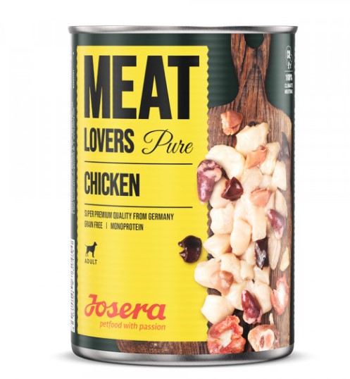 Josera Meat Lovers - Alimento húmido com Carne 100% de frango - pack 6 unids Lata de comida para animal Josera Meat Lovers Pure Chicken com pedaços de carne na etiqueta.