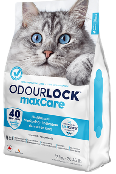 LITTER ULTRA-AGLOMERANTE P/ GATOS "ODOURLOCK" - MAXCARE - 12 KG Embalagem de areia para gatos Odourlock maxcare com imagem de gato cinzento de olhos azuis.