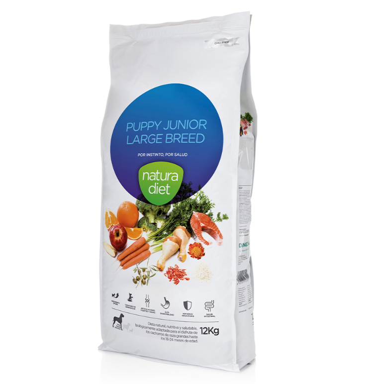 NATURA DIET - PUPPY JUNIOR - LARGE BREED - RAÇÃO PARA CÃES FILHOTES DE RAÇAS GRANDES - 12 KG Saco branco de ração para cachorros grandes com ingredientes e texto em azul e verde