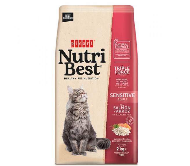 Picart Nutribest Gato Sensitive - Salmão e Arroz - opção de pack econômico Saco de alimento para gato Nutri Best 2 kg com imagem de gato cinzento