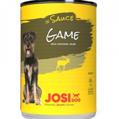 Lata de comida para cão Josi Dog com design amarelo e castanho e texto