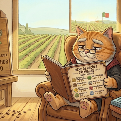 Gato ilustrado sentado numa poltrona a ler, placa de madeira com texto sobre alimentação, estante com livros e figuras de cães e gatos, janelas com vista para campo e bandeira de Portugal.