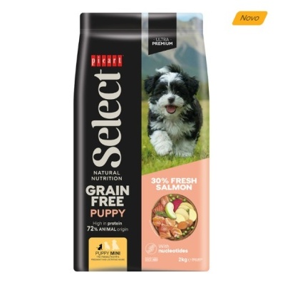 Embalagem de ração para cachorros Picart Select Grain Free Puppy com imagem de cão e detalhes em salmão.
