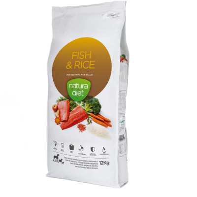Embalagem branca de ração para cães Natura Diet Fish & Rice 12Kg