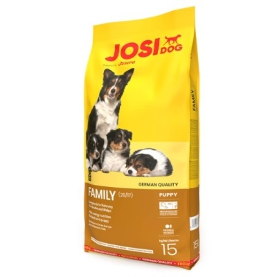 Saco amarelo e castanho de ração para cães Josi Dog Family com imagem de três cachorros