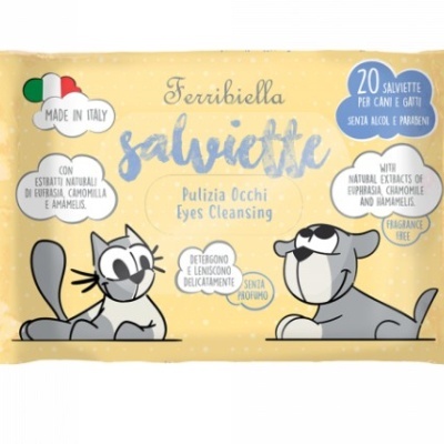 Embalagem amarela de salviettes para limpeza de olhos de cães e gatos com ilustrações de gato e cão