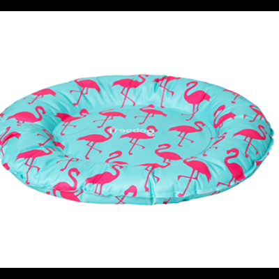 Almofada redonda azul clara com flamingos rosa