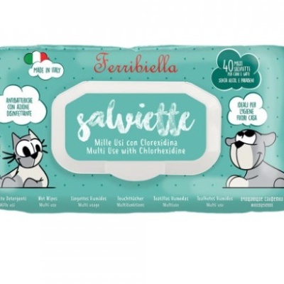 Pacote verde azulado de lenços húmidos para cães da marca Terribiella com dois cães desenhados e texto em italiano