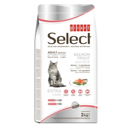 Pacote branco e prateado de ração para gato Picart Select com imagem de gato e salmão