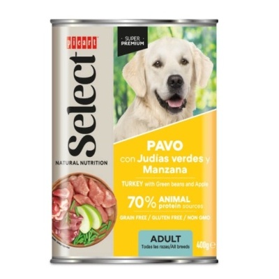 Lata de comida para cão Picart Select com imagem de cão Labrador e texto em espanhol e inglês.