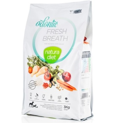 Saco branco de ração para cães Odontic Fresh Breath Natura Diet 3Kg