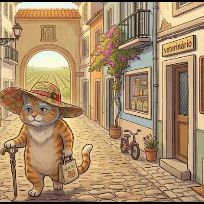 Gato antropomórfico com chapéu e bengala em rua de paralelepípedos perto de veterinário