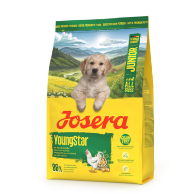 Embalagem amarela e verde de ração para cães Josera Youngstar Junior