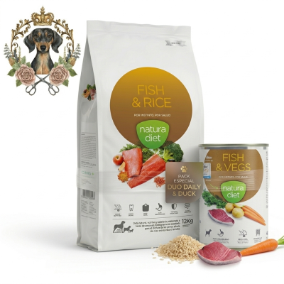 Alimentação para cães Natura Diet Fish & Rice saco branco e Fish & Vegs lata com cenouras e arroz