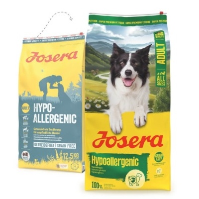 Sacose embalagem ração para cães Josera amarelo azul e amarelo verde com cão