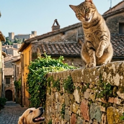 Gato castanho às riscas sentado numa parede de pedra e cão dourado numa rua de aldeia antiga