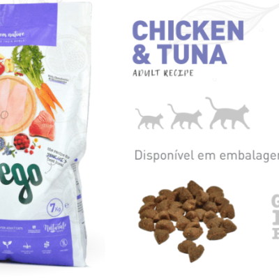 Embalagem de comida para cães Weego Chicken & Tuna com design branco e azul