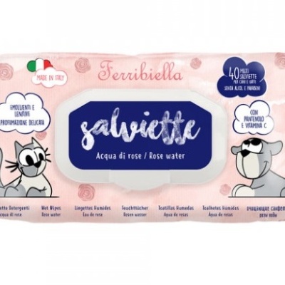 Pacote rosa de lenços húmidos com desenho de gatos e texto em italiano e inglês