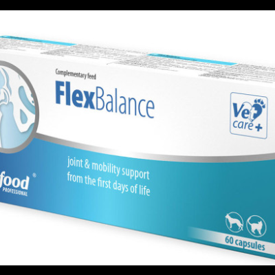 Embalagem de cápsulas FlexBalance da Vetfood com design azul e branco.