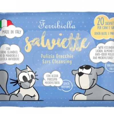Pacote azul de salviettes para limpeza de orelhas com ilustrações de cão e gato.