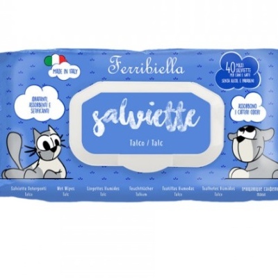 Embalagem azul de toalhitas Ferribiella com desenhos de gato e cão.