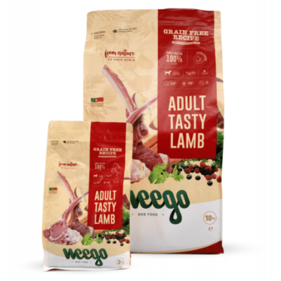 Embalagens de ração para cães Weego Adult Tasty Lamb com imagens de cordeiro e legumes.