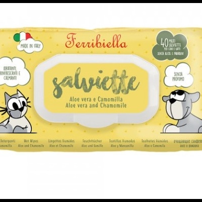 Pacote amarelo de toalhetes Terribiella com aloe vera e camomila, 40 unidades