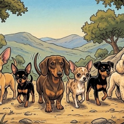 Seis cães de raças pequenas caminhando numa trilha com árvores e montanhas ao fundo