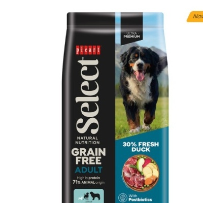 Pacote de ração para cães Select Grain Free Adult com imagem de cão e texto informativo