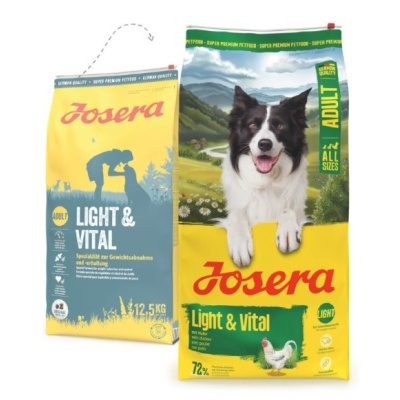 Duas embalagens de ração para cães Josera Light & Vital com cães e texto visível