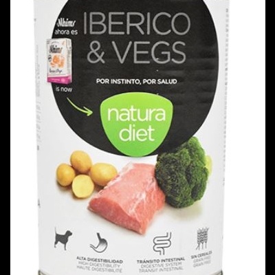 Lata de comida para cães Natura Diet Iberico & Vegs com imagens de carne, batatas e brócolos