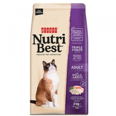 Embalagem de ração para gatos Nutri Best com imagem de gato e texto sobre frango e arroz