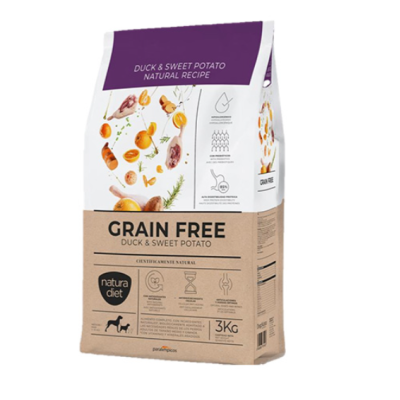 Saco de ração para cães Natura Diet Grain Free pato e batata doce 3kg