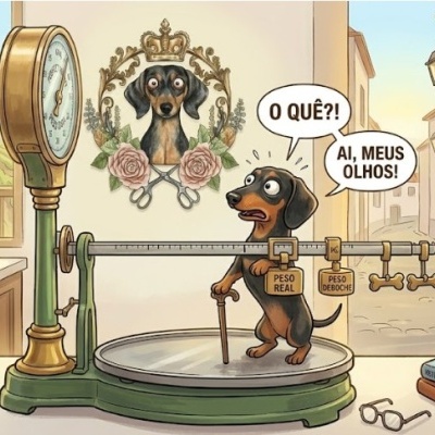 Balança antiga com cão dachshund numa rua, etiquetas PESO REAL e PESO DEBOCHE