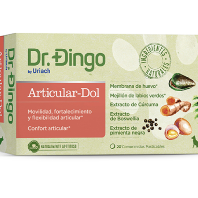 Embalagem de suplemento alimentar Dr. Dingo Articular-Dol com descrição de ingredientes e 20 comprimidos mastigáveis