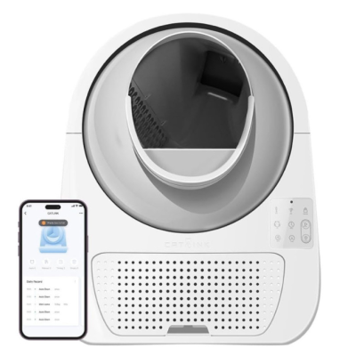 Máquina automática para descartes de resíduos em plástico branco com smartphone ao lado mostrando aplicação
