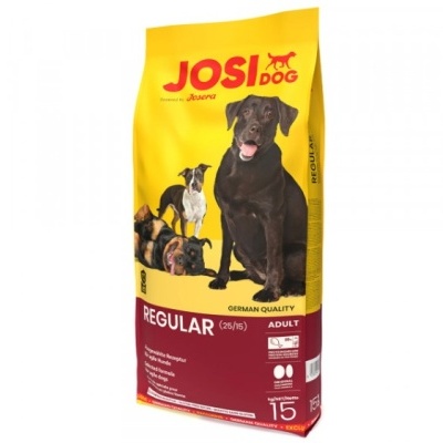 Saco de ração para cães JOSI DOG amarelo e vermelho com imagens de cães.