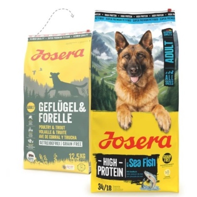 Sacos de ração para cães Josera com textos e imagem de cão pastor alemão