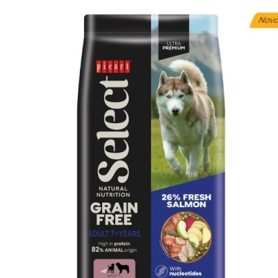 Saco de ração para cão Picart Select Grain Free com imagem de Husky e texto sobre composição