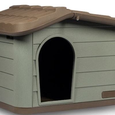 Casota para cães cinzenta com tampa marrom e abertura frontal em arco