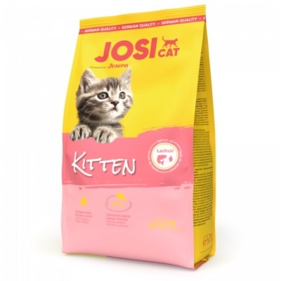 Saco de ração para gatos Josi Cat Kitten amarelo e rosa com imagem de gato cinzento e branco